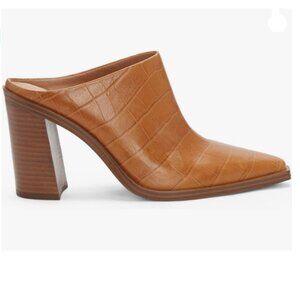 FOWT Brown Crocodile Embossed Chunky Stacked Heel Slippers Pointed Toe Mules